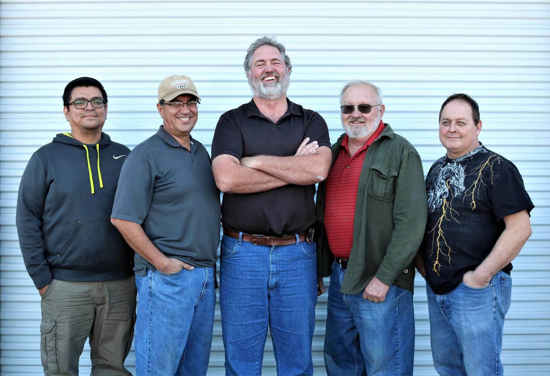 Image of Andy (Manager of Hydraulics), Mack (Manager of Fabrication), Jordan (President), Steve (Manager of Machine Shop), Mike (Manager of Chrome Plating)